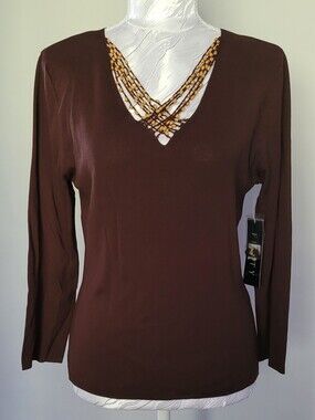 NWT! Finity Brown Long Sleeve V-Neck Top with Beaded Trim Size L